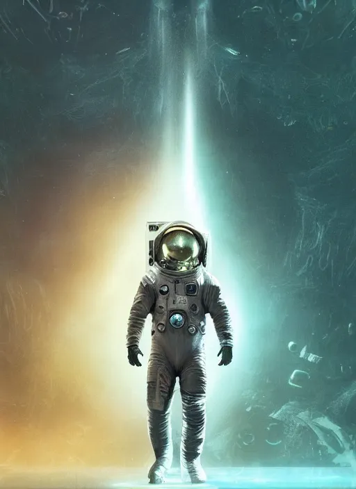 Image similar to poster art by craig mullins astronaut in futuristic dark and empty spaceship underwater. infrared glowing lights. complex and hyperdetailed technical suit. reflection and dispersion materials. rays and dispersion of light. volumetric light. 5 0 mm, f / 3 2. noise film photo. flash photography. unreal engine 4, octane render. interstellar poster