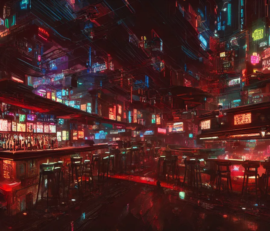 Image similar to a bar from a cyberpunk film, cinematic, hyper detailed, hd, 1 6 k