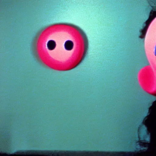 Image similar to still from a 1993 arthouse film about a depressed housewife dressed as a squishy inflatable smiley who meets a handsome younger man in a seedy motel room, color film, 16mm soft light, weird art on the wall