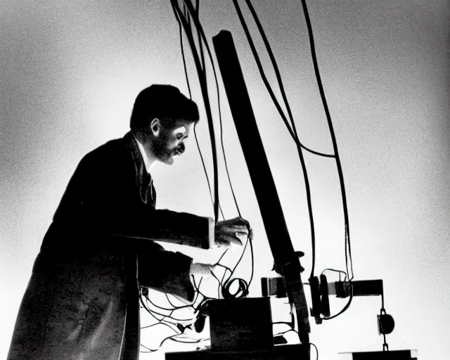 Prompt: a long shot, studio photographic portrait of a telegraph operator, dramatic backlighting, 1 9 9 3 photo from life magazine,