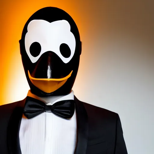 Image similar to Photo of a man in a suit wearing a latex mask of a penguin, dramatic lighting