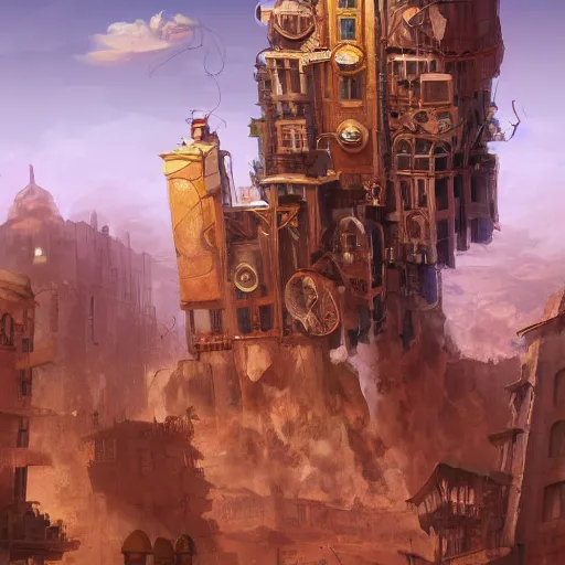 Image similar to Character jumping over a bustling steampunk city in the desert with a towering building made of scraps, digital painting, highly detailed, dynamic, concept art, game art, artstation
