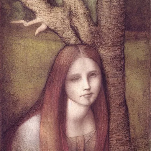 Prompt: girl with long hair sits in a tree by davinci