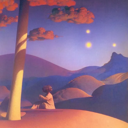 Prompt: Liminal space in outer space by Maxfield Parrish