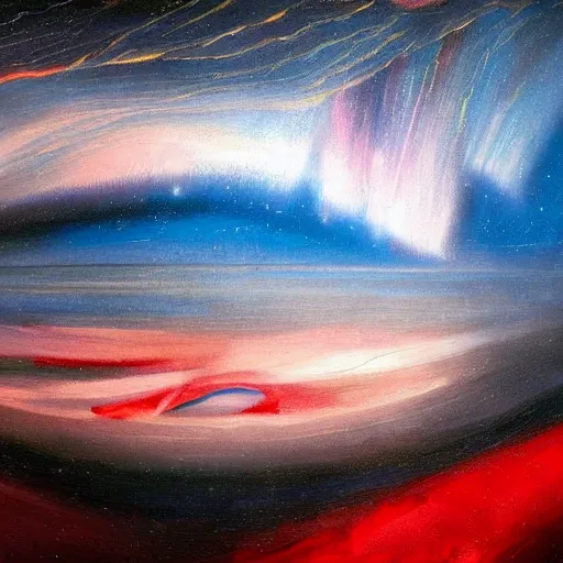 Image similar to the epic orphism painting'blue arctic void with black and red aurora borealis ', stunning masterpiece, trending on artstation