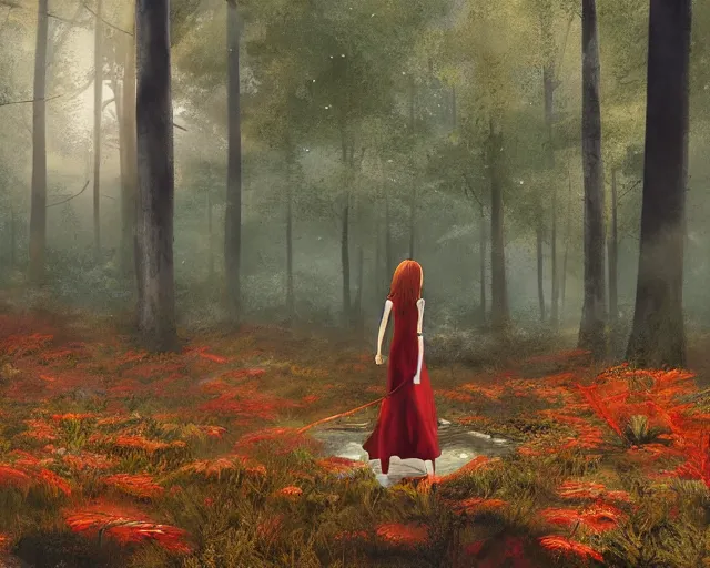 Prompt: a girl with two red wings flying though a forest, wide, trees, streams, matte painting, digital illustration, very vibrant colors, soft lighting, adventurous, atmospheric lighting, 8K, octane render. By Makoto Shinkai, Stanley Artgerm Lau, WLOP, Rossdraws, James Jean, Andrei Riabovitchev, Marc Simonetti, krenz cushart, Sakimichan, D&D trending on ArtStation, digital art.