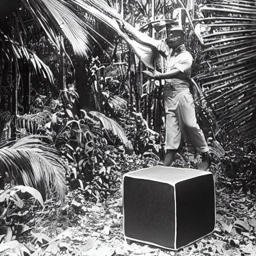 Image similar to a rizom lost film footage of a ( ( ( ( ( ( ( ( cube ) ) ) ) ) ) ) ) in the middle of the tropical jungle / tropicalism / tropicalism / tropicalism / film still / cinematic / enhanced / 1 9 2 0 s / black and white / grain