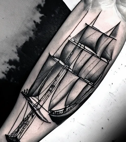 Image similar to A realistic black and white tattoo design sketch of a pirate ship, highly detailed tattoo, shaded tattoo, hyper realistic tattoo