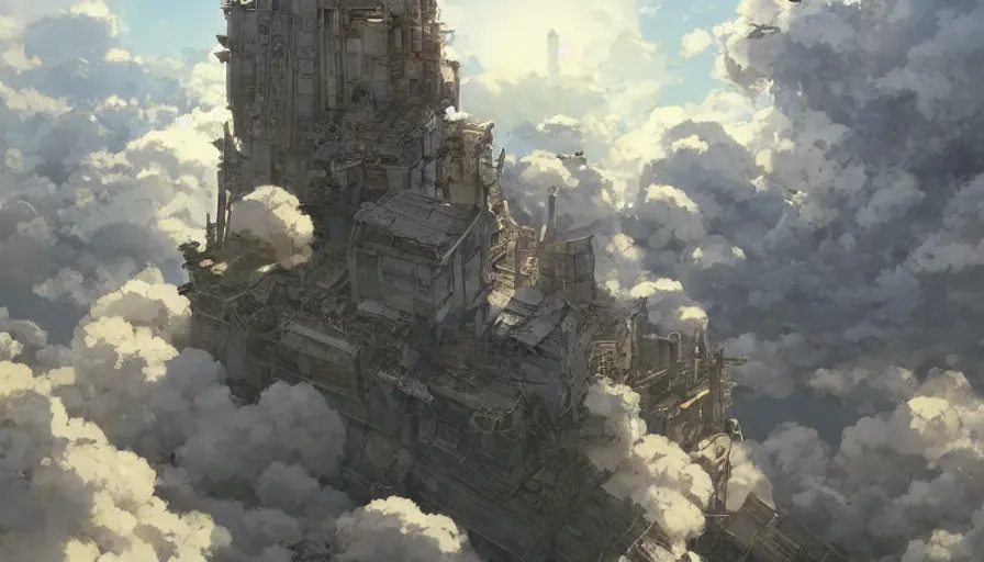 Image similar to a apocalyptic city ruin, fluffy white clouds in the blue sky on a beautiful windy day, trending on pixiv fanbox, painted by takashi takeuchi greg rutkowski makoto shinkai takashi takeuchi studio ghibli