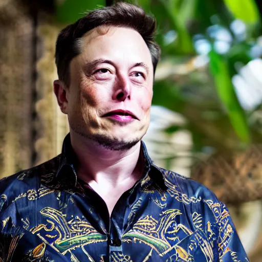 Prompt: A Photo Portrait of elon musk Wearing Indonesian Batik at a fancy Balinese temple, award winning photography, sigma 85mm Lens F/1.4, blurred background, perfect faces