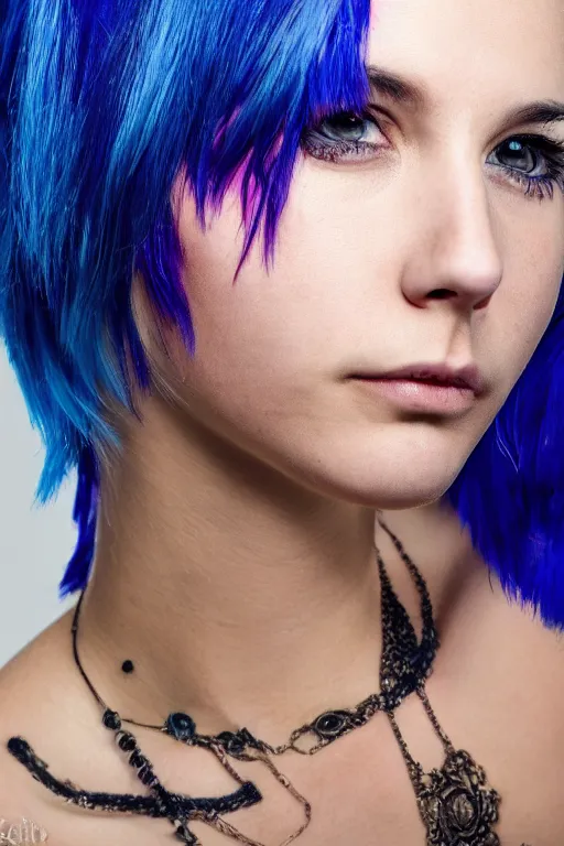 Image similar to photo of young cute punk woman with blue pixie cut posing, hyper detailed