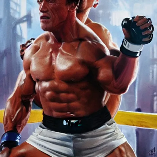 Image similar to Arnold Schwarzenegger and Sylvester Stallone in an UFC fight in octagon, artstation hall of fame gallery, editors choice, #1 digital painting of all time, most beautiful image ever created, emotionally evocative, greatest art ever made, lifetime achievement magnum opus masterpiece, the most amazing breathtaking image with the deepest message ever painted, a thing of beauty beyond imagination or words, 4k, highly detailed, cinematic lighting