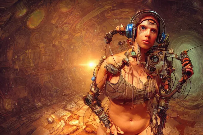 Image similar to a fisheye lens photo of a post apocalyptic tribal cyborg dj goddess tweaking and playing synthesizers in the most complicated and technical spiral fractal musical studio, powerful, cinematic, beautifully lit, by donato giancola, by artgerm, by karol bak, 3 d, perfect face and body, trending on artstation, octane render, 8 k