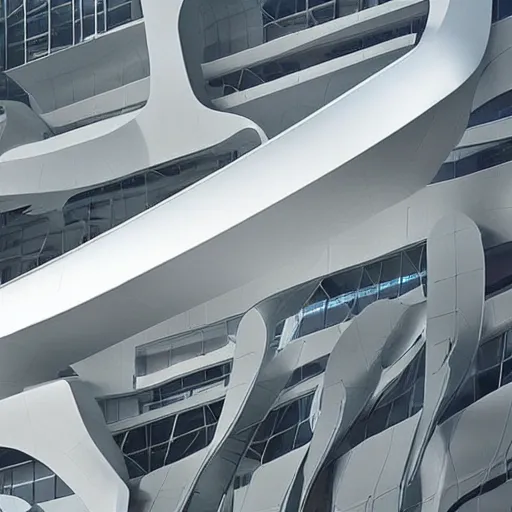 Image similar to raffaello moroder scissors building, external view, designed by zaha hadid, v ray, hd, futuristic