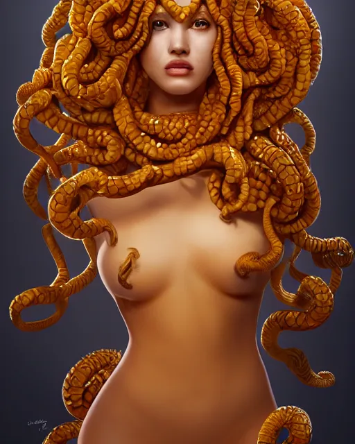 Prompt: beautiful medusa as honey, made of honey, wearing honey - themed miniskirt, award winning creature portrait photography, extremely detailed, artstation, 8 k, sensual lighting, incredible art, wlop, artgerm, backlit, rim lighting, hi - fructose