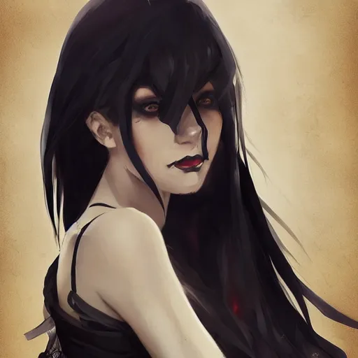 Image similar to female human vampire witch in the style of greg rutkowski, makoto shinkai, trending on artstation, character design, concept art, pretty face, highly detailed, long black hair, portrait, digital art