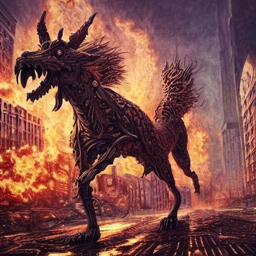 Prompt: giant quadruped creature walking through the center of a burning city, extreme detail, abstract realism, highly ornate intricate details, 1 9 2 0's colored pencil, 4 k, cinematic lighting,