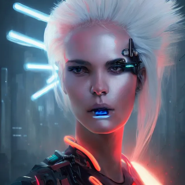 Image similar to A beautiful painting of a cyberpunk space jocky, girl with white hair fire red eyes sensual stare, Trending on artstation. augmentations and cybernetic enhancements neon circuits, greg rutkowski , hyperrealist, cinema4D, 8k highly detailed ❤️‍🔥 🔥 💀 🤖 🚀