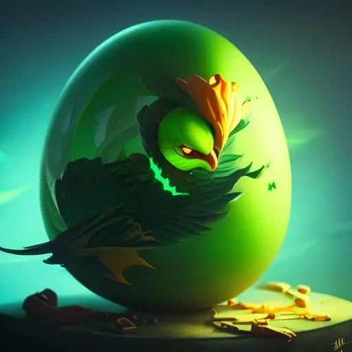 Image similar to little poisonous green phoenix climbs out of a broken big egg, peter mohrbacher style, ray tracing, cinematic, digital art, realistic, octane render