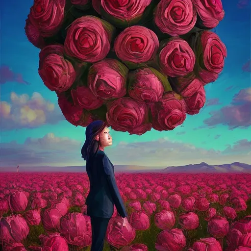 Image similar to portrait, giant rose flower head, girl in a suit, surreal photography, sunrise, blue sky, dramatic light, impressionist painting, digital painting, artstation, simon stalenhag