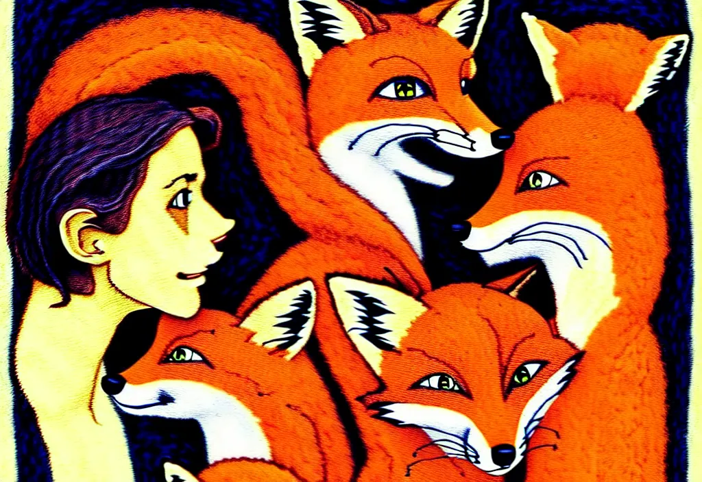 Image similar to portrait of a fox and a ( nerdy ) woman enveloped in yarn thinking of ( seventies art horror ) movies about death and chaos, by norman rockwell, pixar, studio ghibli, toei, mc escher, intricate line work, beautiful, complete light occlusion, hyper realism, trending on pinterest, artstation 8 k