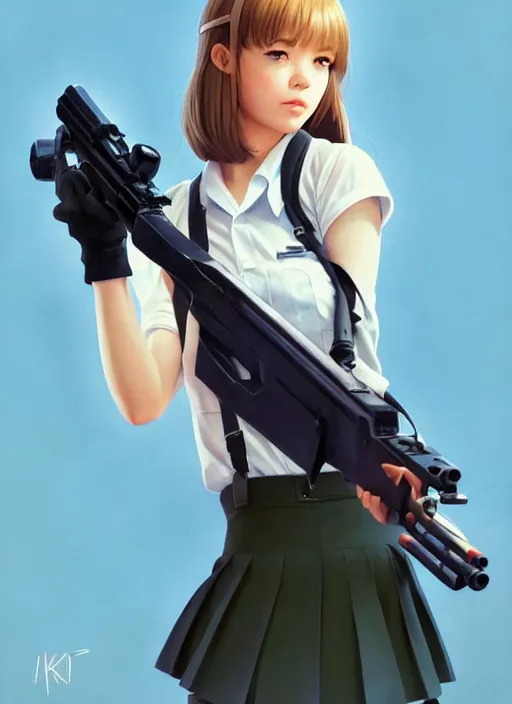 Image similar to movie, full body, cute, female, a pretty alluring girl wearing a school uniform and holding a sniper rifle, symmetry face, photoreal, realistic shaded lighting poster by ilya kuvshinov, katsuhiro otomo, kidmo!!!, trending on artstation, magali villeneuve, artgerm, jeremy lipkin and michael garmash