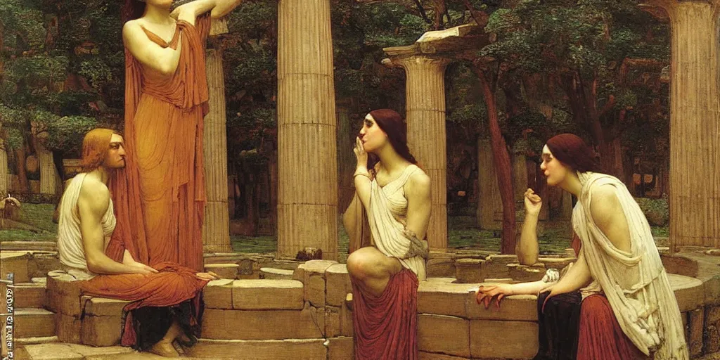 Prompt: The Oracle at Delphi by John William Waterhouse and Grant Wood