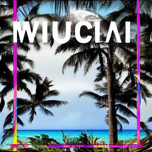 Image similar to miracle musical Hawaii part ii album cover, showing an ocean in the background, spiral transparent stairs on the left with tall palm trees behind it, a slight rainbow in the background, white outline border, moon in the right top area black and white except for the rainbow album cover