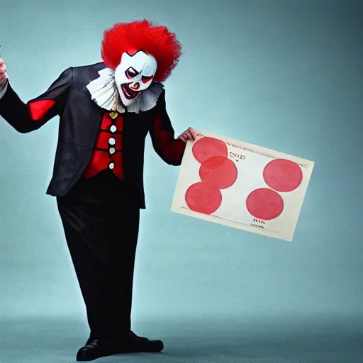 Prompt: Pennywise the clown wearing a suit and holding a banknote in his hands, full body shot