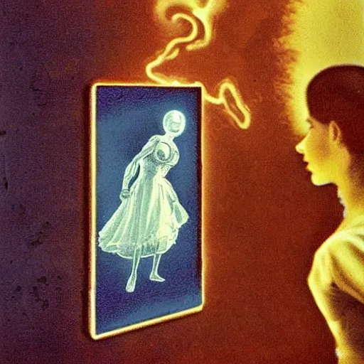 Prompt: A drawing. A rip in spacetime. Did this device in her hand open a portal to another dimension or reality?! autochrome, x-ray photography by Les Edwards, by John Perceval aesthetic