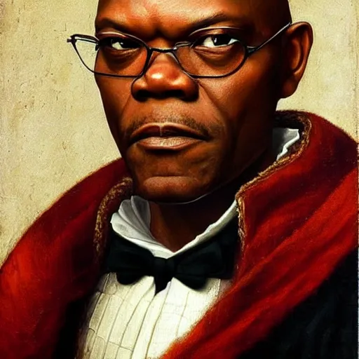 Image similar to a renaissance style portrait painting of Samuel L. Jackson