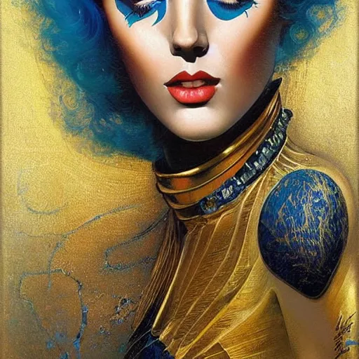 Image similar to a woman with blue and gold hair, an art deco painting by karol bak, featured on cgsociety, gothic art, poster art, art deco, tarot card