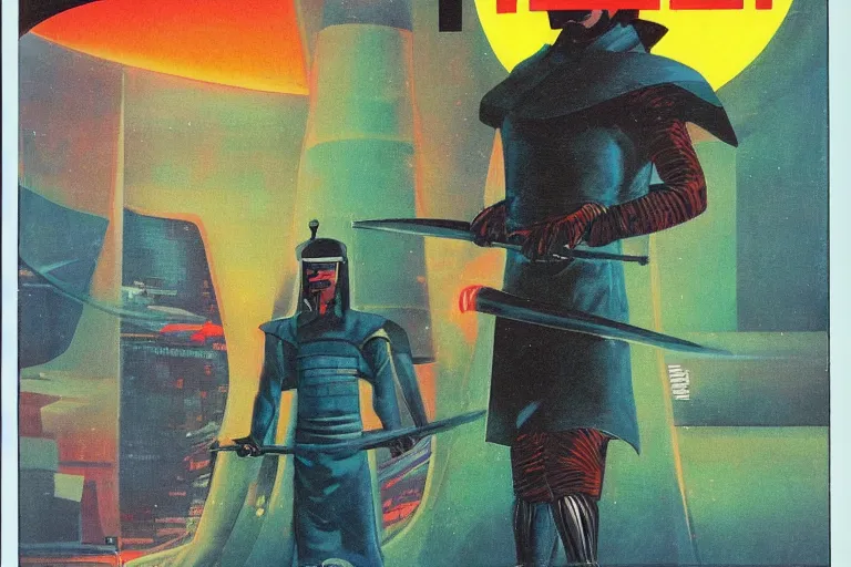 Image similar to 1979 OMNI Magazine Cover of a a samurai in a conical hat. in cyberpunk style by Vincent Di Fate