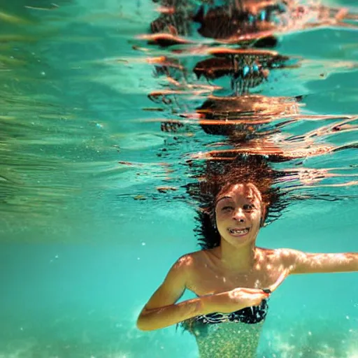 Image similar to 8k UHD under water photograph lithe carefree girl swimming in lagoon, taken from below, detailed