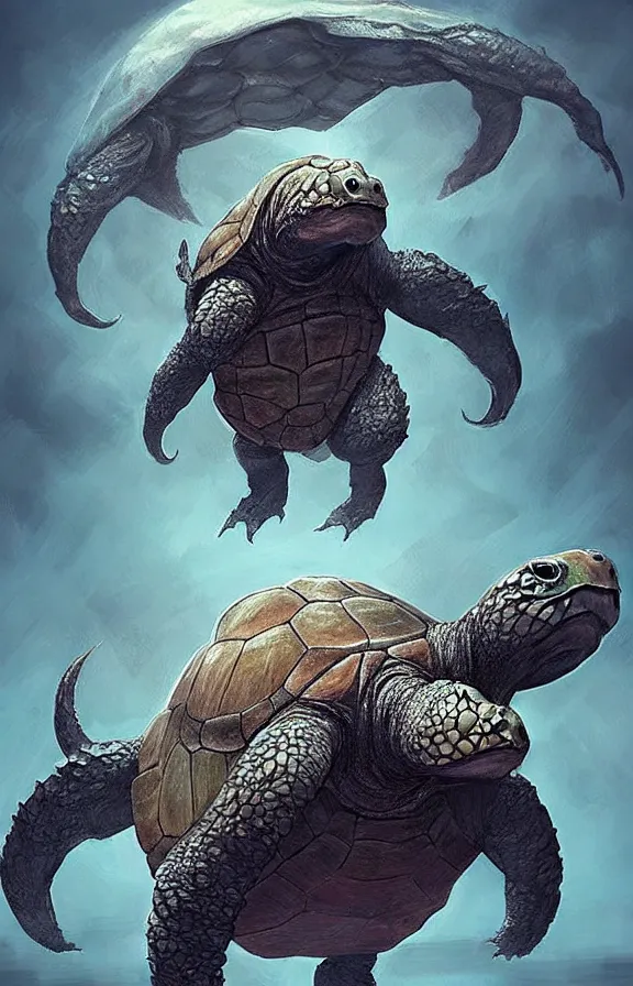 Prompt: a giant angry!!! turtle kaiju!!! with a large head and large tusks!!!!!! standing upright!!!, concept art, artstation, digital art, extremely detailed!!!