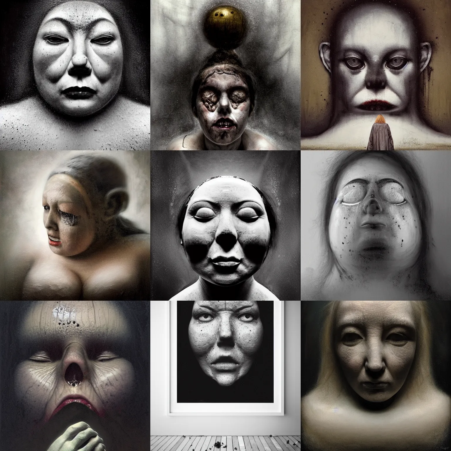 Prompt: portrait of the face of big old sumoringer as despair from sandman, in a white cloudy void with empty framesfloating around her, venus of willendorf, by jeremy mann, by gregory crewdson, by bastien lecouffe deharme, sad face, topknot, black hair, mourning, white room, soft lightning, high detailed, 8 k