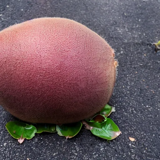 Image similar to huge kiwi fruit cut in half in the middle of the street, photographed