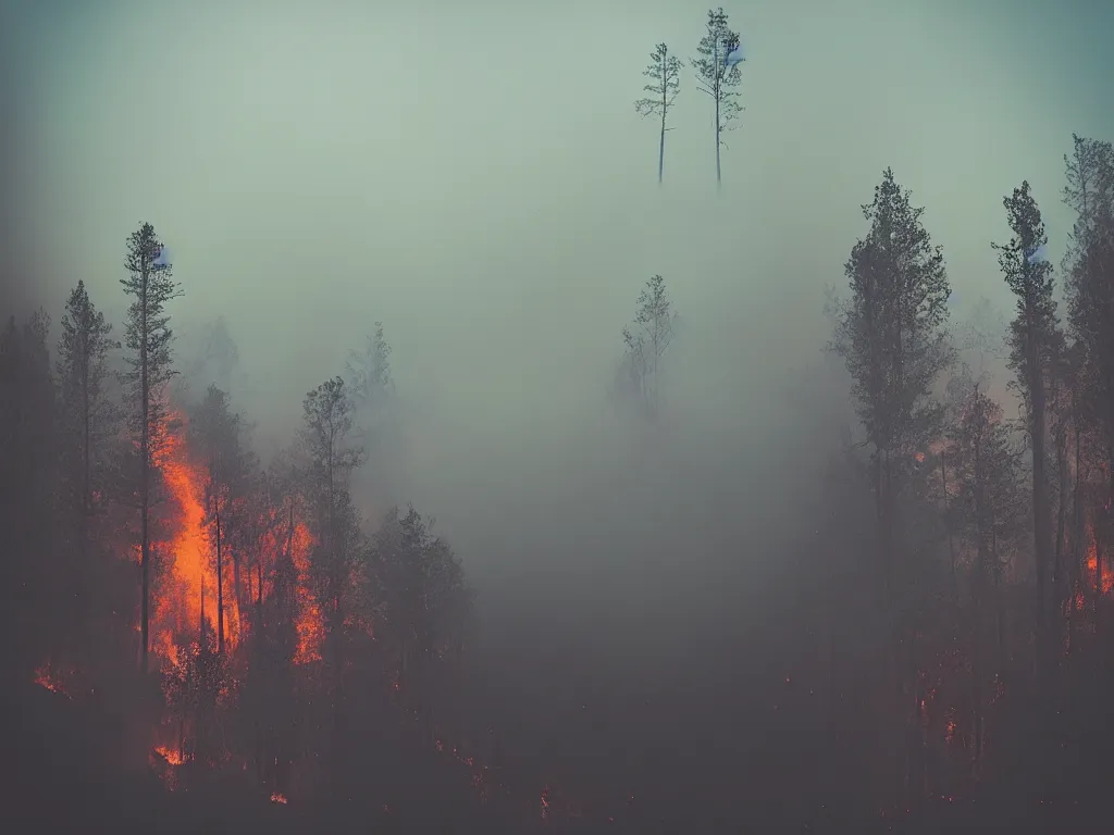 Prompt: “photography of forest fire , fog, night, mood, atmospheric, full of colour, digital photography”