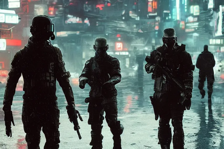 Image similar to soldier standing in murky water dark. cyberpunk soldier helmet mecha armor black matte angular armor white Chinese writing. Holding AR-15 rifle black. Bladerunner 2049 ((Cyberpunk2077)). ((Man wearing fire fighter uniform))