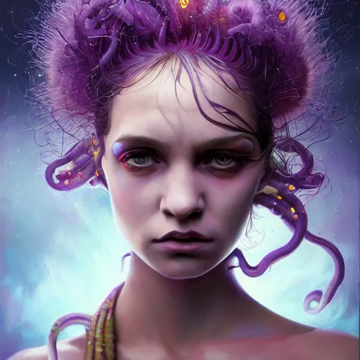 Image similar to detailed art portrait of a furious girl with think, hair-like purple tentacles on her head and bright purple eyes, 8k,by tristan eaton, Stanley Artgermm,Tom Bagshaw,Greg Rutkowski,Carne Griffiths,trending on DeviantArt, face enhance,hyper detailed ,full of colour,