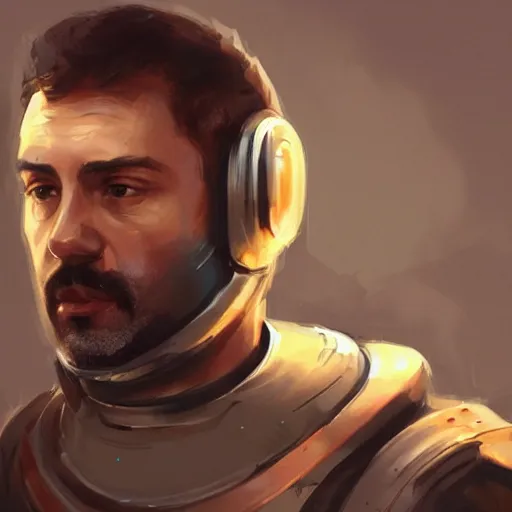 Prompt: Portrait of a man by Greg Rutkowski, he is about 40 years old, copper short hair, his features are a mix between Turkish and Scottish, strong and tall, cool dad vibes, he is wearing a futuristic astronaut suit, highly detailed portrait, digital painting, artstation, concept art, smooth, sharp foccus ilustration, Artstation HQ.