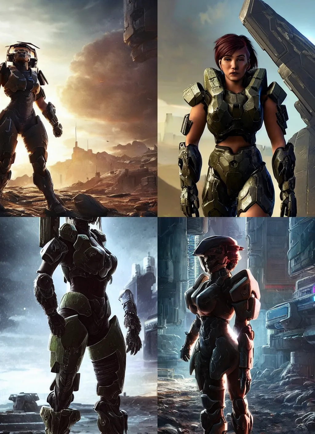 Prompt: a beefy bulky female warrior in armor walking in a cyberpunk wasteland facing the camera, mjolnir armor from halo infinite without a helmet!!!!!!!!!!!!!!!!!!!!!!!!!, intricate, female face features!!!!!!!!!!!!!!!!!!!!!!!!!!!!!!!, 8K, octane render, Digital painting, concept art, illustration, sharp focus, centered, good value control, realistic shading, rational painting, a rainy night, water, wet, rain, rainstorm, rubber undersuit