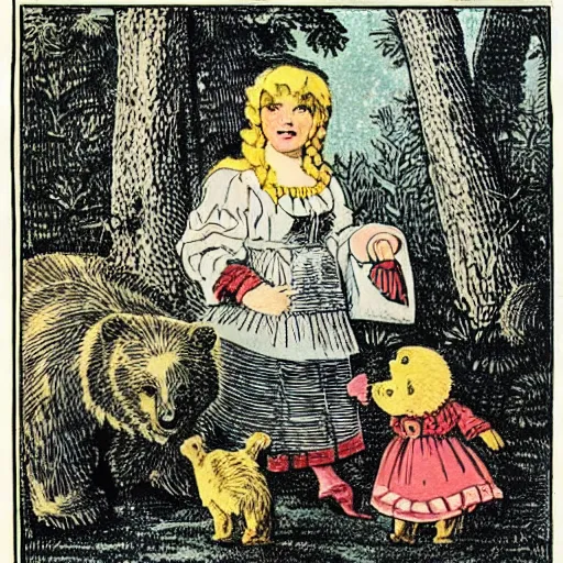 Prompt: full - color 1 8 0 0 s woodcut art of goldilocks and the three bears ; highly - detailed