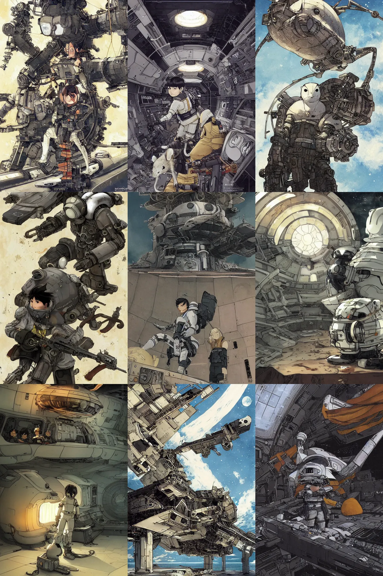 Prompt: rodent with white and black ancestral ornate japanese tactical gear on an abandoned spaceship, long shot, rule of thirds, golden ratio, graphic novel by fiona staples and dustin nguyen, art by beaststars and orange, peter elson, alan bean, studio ghibli, makoto shinkai