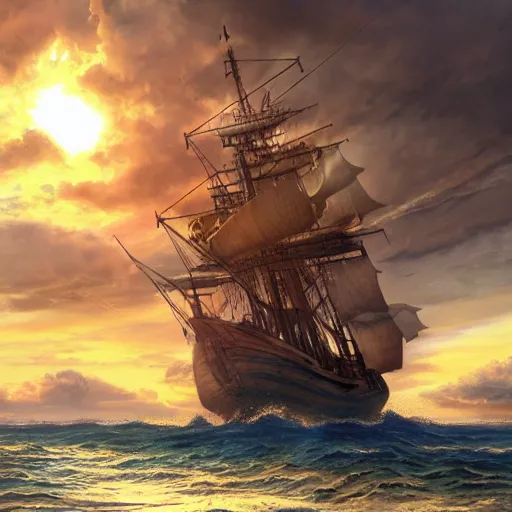 Prompt: A Wide Shot artistic masterpiece of a giant pirate ship, sun, clouds, ocean, 4k, ultra detailed, artstation