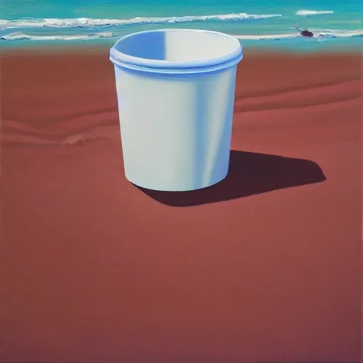 Image similar to an oil painting of a giant white styrofoam cup on the beach, the cup has red water unside of it, surrealism