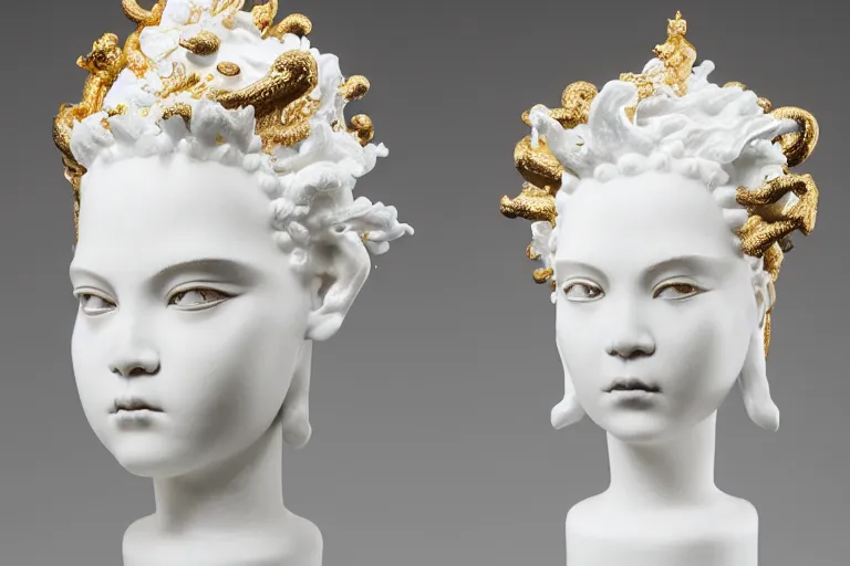 Image similar to full head and shoulders, beautiful female white, porcelain sculpture, with lots of ornate gold leaf 3 d chinese dragons attached to head by daniel arsham and james jean, on a white background, delicate facial features, white eyes, white lashes,