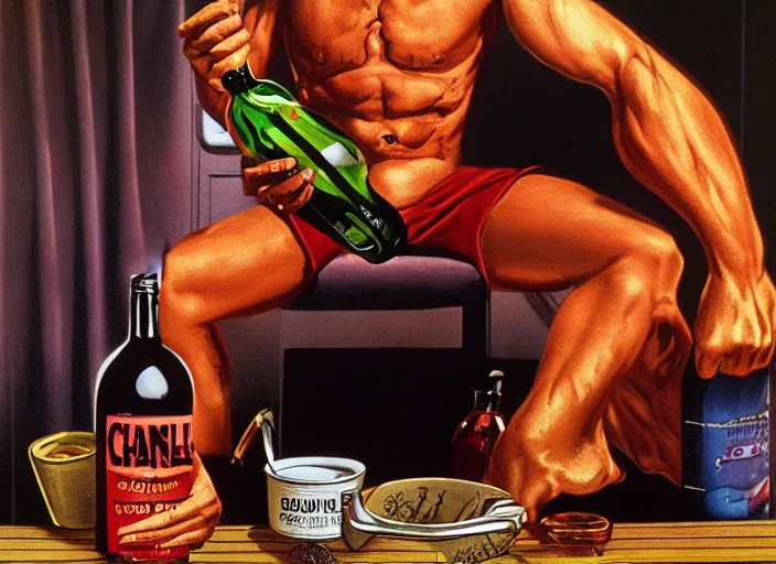 Image similar to barry chuckle chugging a bottle of snake oil, artwork by richard corben, 3 d, high resolution 8 k