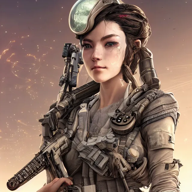 Image similar to the portrait of lawful neutral female futuristic infantry sniper as absurdly beautiful, gorgeous, elegant, young woman looking up, an ultrafine hyperdetailed illustration by kim jung gi, irakli nadar, intricate linework, bright colors, octopath traveler, final fantasy, unreal engine 5 highly rendered, global illumination, radiant light, detailed and intricate environment