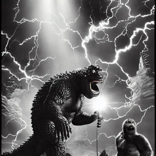 Image similar to Godzilla and King Kong in a 90s wrestling match, center lighting, dark crowd, camera flashes, spotlights, gritty